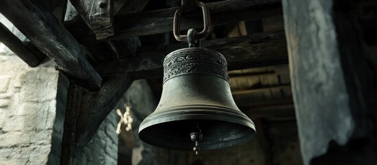 Fototapeta premium Ancient Church Bell Hanging in Old Wooden Structure