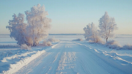 Obraz premium Frosted trees and snowy road landscape