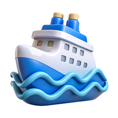 Cute 3D cruise ship icon sailing on blue waves on transparent background