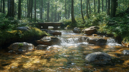 Obraz premium Forest stream with wooden bridge