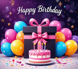 Happy Birthday Celebration Scene with Festive Cake, Lit Candles, Large Gift Box with Pink Ribbon, Colorful Balloons, Stars, and Confetti Background