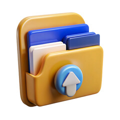 Vibrant 3D folder icon depicting seamless file upload showcasing a modern design with blue on transparent background