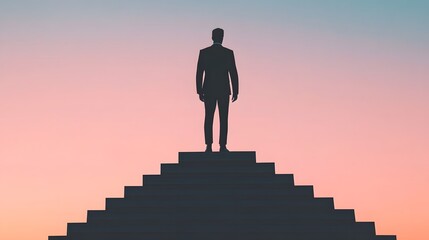 Silhouetted leader standing atop a staircase against a vibrant sky.