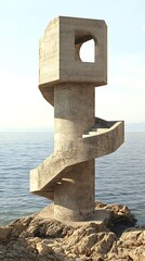 Concrete Staircase Tower by the Sea, Coastal Architecture, Abstract Exterior View