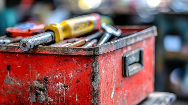 Rusty red toolbox filled with assorted tools