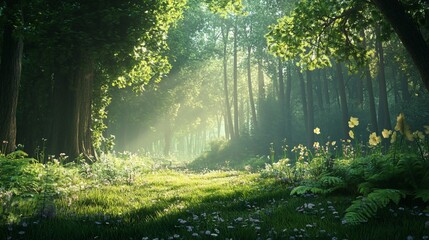 Fototapeta premium Enchanting forest path bathed in ethereal sunlight, flowers bloom amidst tranquil greenery
