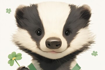 Fototapeta premium Happy badger portrait with black and white stripes, holding clover