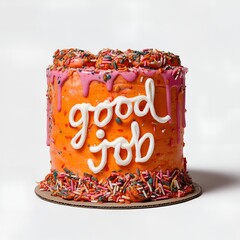 Tall orange sprinkle cake with “good job” text and chaotic pink piping on a gray background.