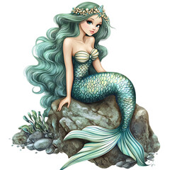 A Cartoon Mermaid Sitting on a Rock Shimmering Aqua Isolated on Transparent Background