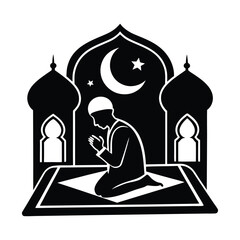 Obraz premium Silhouette of Arab Muslim man praying on mat with crescent moon and mosque dome vector art 