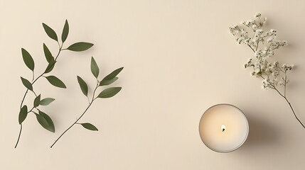 Serene design layout with botanical sprig and candle gently arranged on beige generative ai