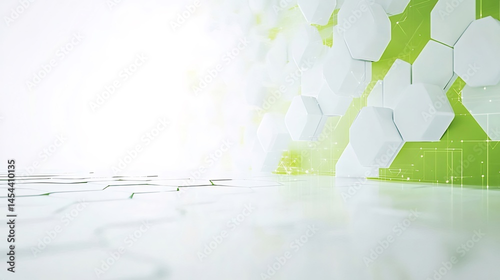 Aufkleber 白い六角形パターンと緑色の背景の抽象的な3dデザイン 光と影の表現による幾何学的な壁の装飾