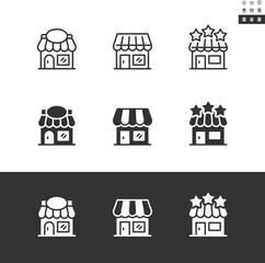 Store icon set in outline and solid styles. The objects are divided by a white line, with no cutting path that can be moved for editing the design. Editable stroke.