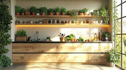 Sunny kitchen filled with various plants and ingredients