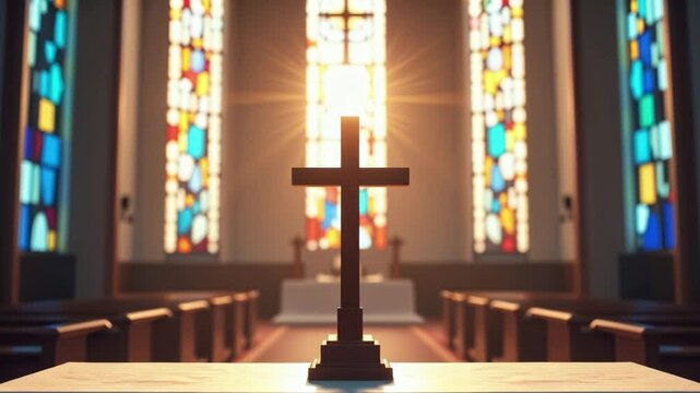 Christian cross on altar illuminated by divine light through stained glass windows. Easter, Good Friday, or Sunday mass concept. Church interior for religious service