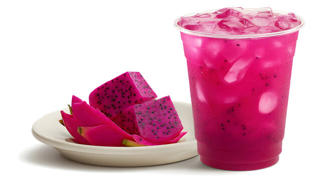 Energizing Iced Mango Dragonfruit Refresher with Exotic Fruit Slices and Ice Cubes in a Clear Cup