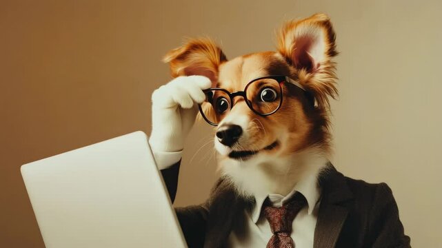 Studio portrait of intelligent corgi dog wearing glasses and formal business suit working on laptop against a plain background