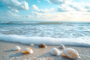Obraz premium Beach waves washing over seashells in soft sunlight
