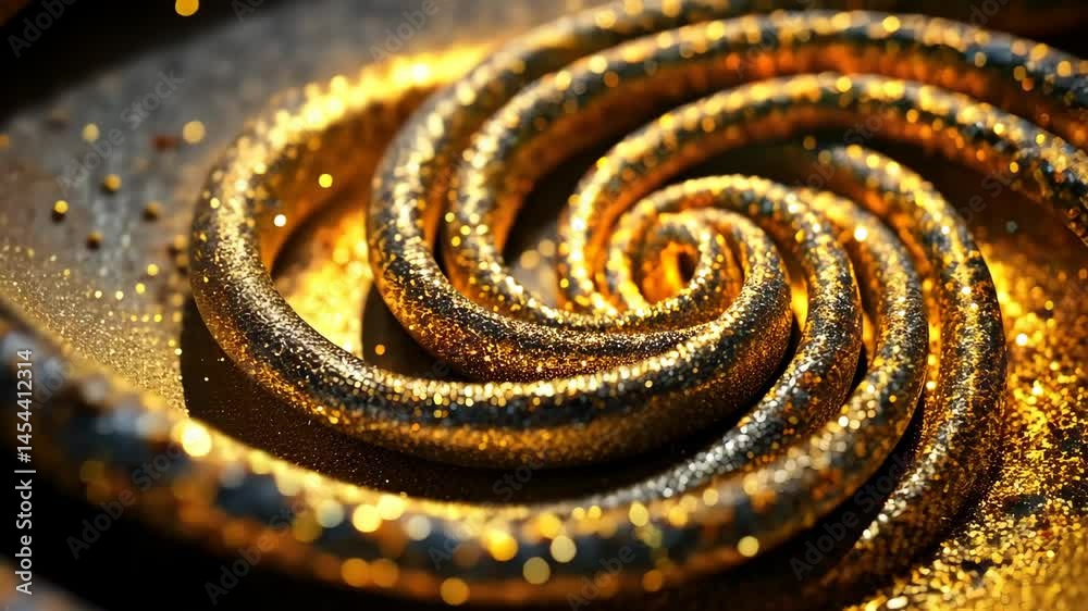 Poster golden glitter spiral twists and turns in a mesmerizing dance of light and texture