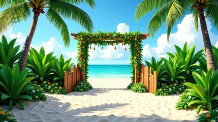 Fototapeta premium Tropical Beach Entrance with Wooden Archway Adorned with Lush Greenery and Bright Flowers