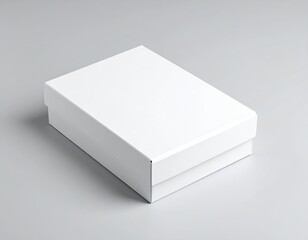 Realistic white packaging box mockup on grey background, blank cardboard box for product branding, shipping, storage, presentation, ecommerce and graphic design projects.