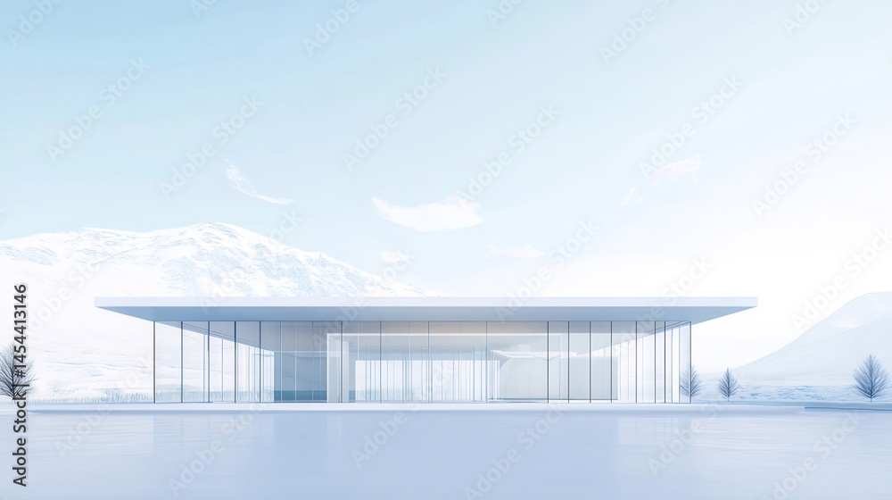 Aufkleber 雪景色の中の現代的なガラス張りの建物 青い空と雪山を背景にした美しい風景