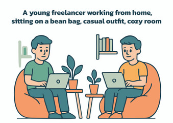 A cartoon vector of a young freelancer working from home on a laptop, sitting on a bean bag illustration