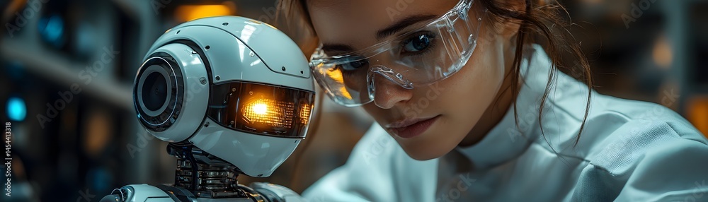Poster roboticist examining a humanoid robot prototype in a high tech lab