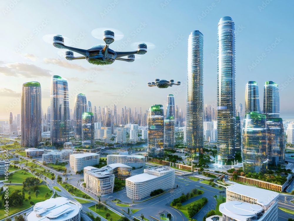 Aufkleber 未来都市上空を飛行するドローン 高層ビルと緑豊かな都市景観の現代的な風景
