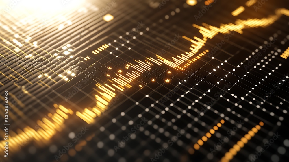 Aufkleber abstract golden data visualization with glowing lines and dots on a dark background representing ana