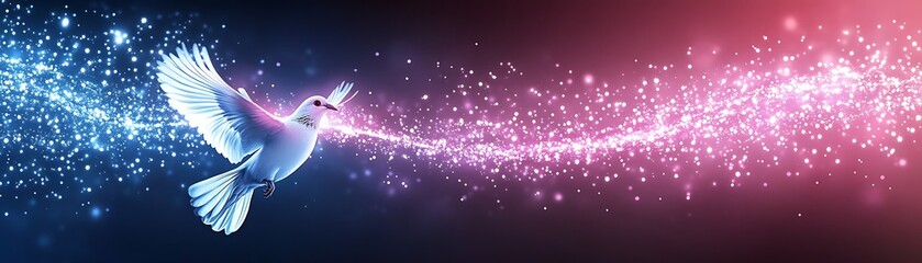 A white dove in flight, surrounded by magical sparkles