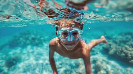Fototapeta premium Boy Snorkeling in Clear Waters