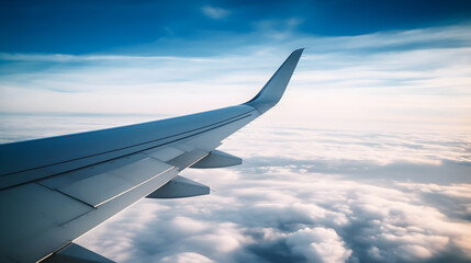 Obraz premium A view from an airplane window, showing the wing of an airplane and the sky with clouds.