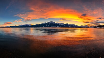 Naklejka premium Vibrant sunset over Austrian mountain alps, panoramic view, warm golden light