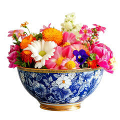 A Blue and Gold Porcelain Bowl Filled with Flowers Isolated on Transparent Background