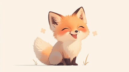 Obraz premium Happy fox cub with a cute smile, sitting on a plain background
