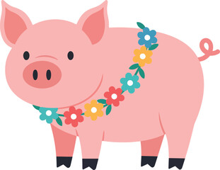 Fototapeta premium Cute pink pig with colorful flower necklace vector illustration ideal for t-shirt printing and craft projects 