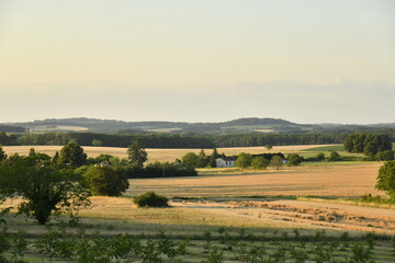 Paysage rural entre champs de blé et bois sous un ciel clair en fin de journée près du bourg de Champagne au Périgord Vert  © Photocolorsteph