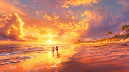 Fototapeta premium Strolling through shallow waves under a brilliant golden sky, the beach glowing with the last light of the day