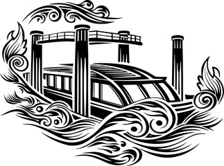 EV charging infrastructure for sustainable electric mobility SVG vector. Intricate Black and White Illustration of a Cruise Boat in Water