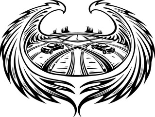 Obraz premium EV charging infrastructure for sustainable electric mobility SVG vector. Abstract Black and White Art of Cars with Wing Motif Design