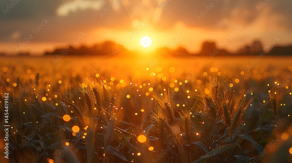Aufkleber 夕焼けの太陽が黄金色の麦畑を照らす自然風景 暖かく輝く光と静寂の美しい情景