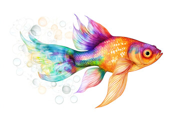 Fototapeta premium A watercolor multicolored fish with shiny scales swimming in a bubble, isolated on white background