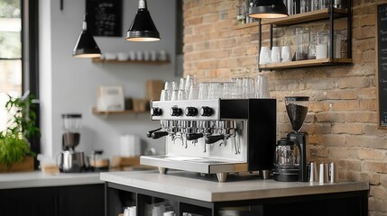 Highend minimalist coffee shop with stainless steel espresso machines, clean monochrome styling, and sophisticated ambiance