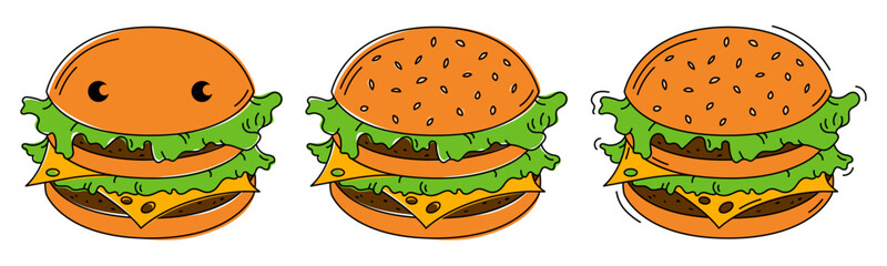 A delicious burger on a fluffy bun with healthy green iceberg lettuce, tender melting thin cheese, a juicy cutlet, sprinkled with sesame seeds. Vector image in different drawing styles will suit your 