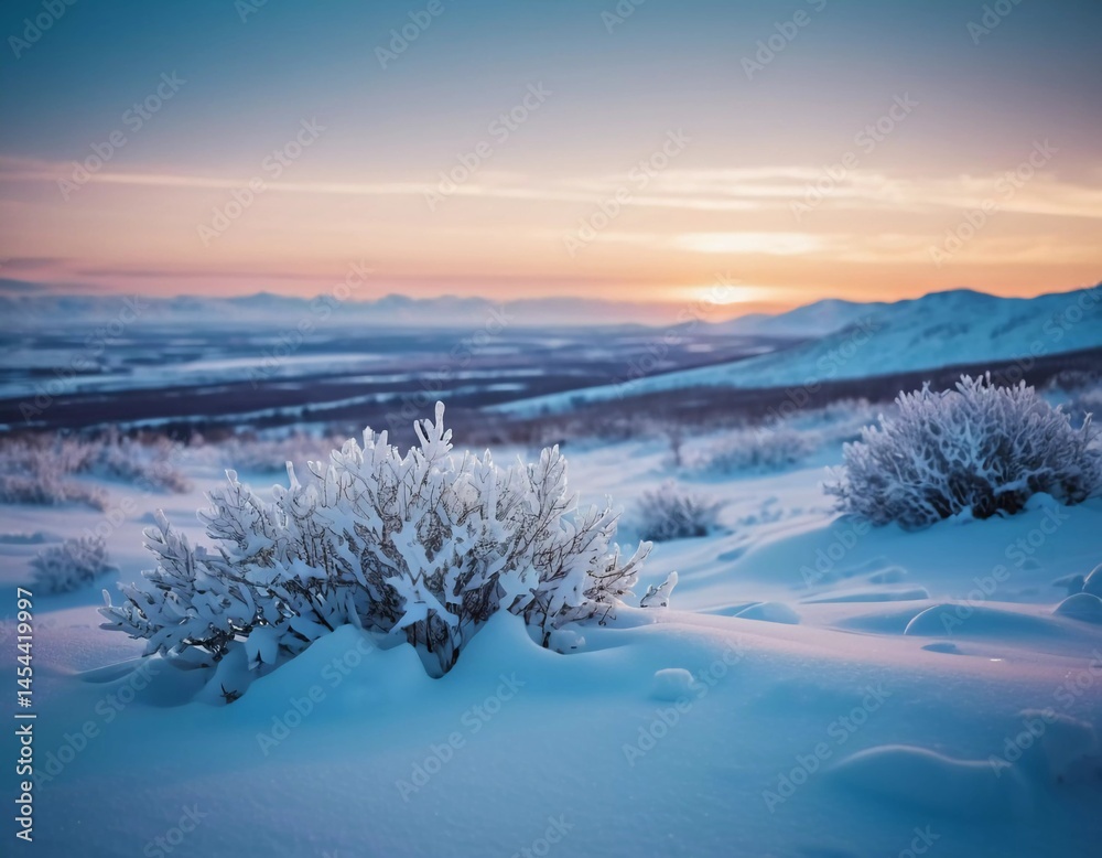 Poster beneath a serene winter sky, fragile tundra plants emerge from layers of glistening snow. the distan