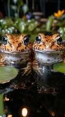 Two frogs on lily pads