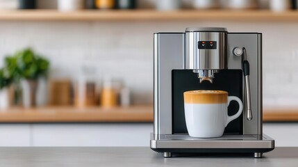 Futuristic stainless steel coffee machine setup with touchless technology, seamless metallic surfaces, and soft LED backlighting