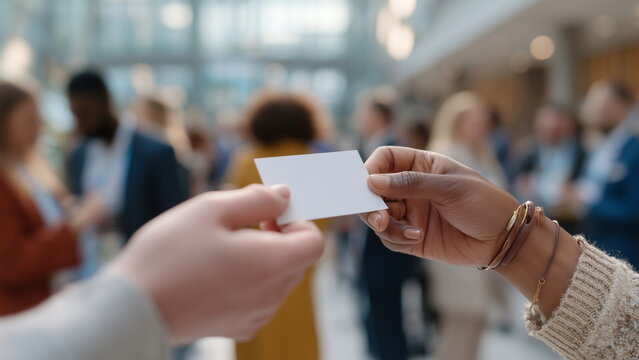 Close-up of hands exchanging white empty business cards at a networking event, blurred crowd in the background, natural lighting.