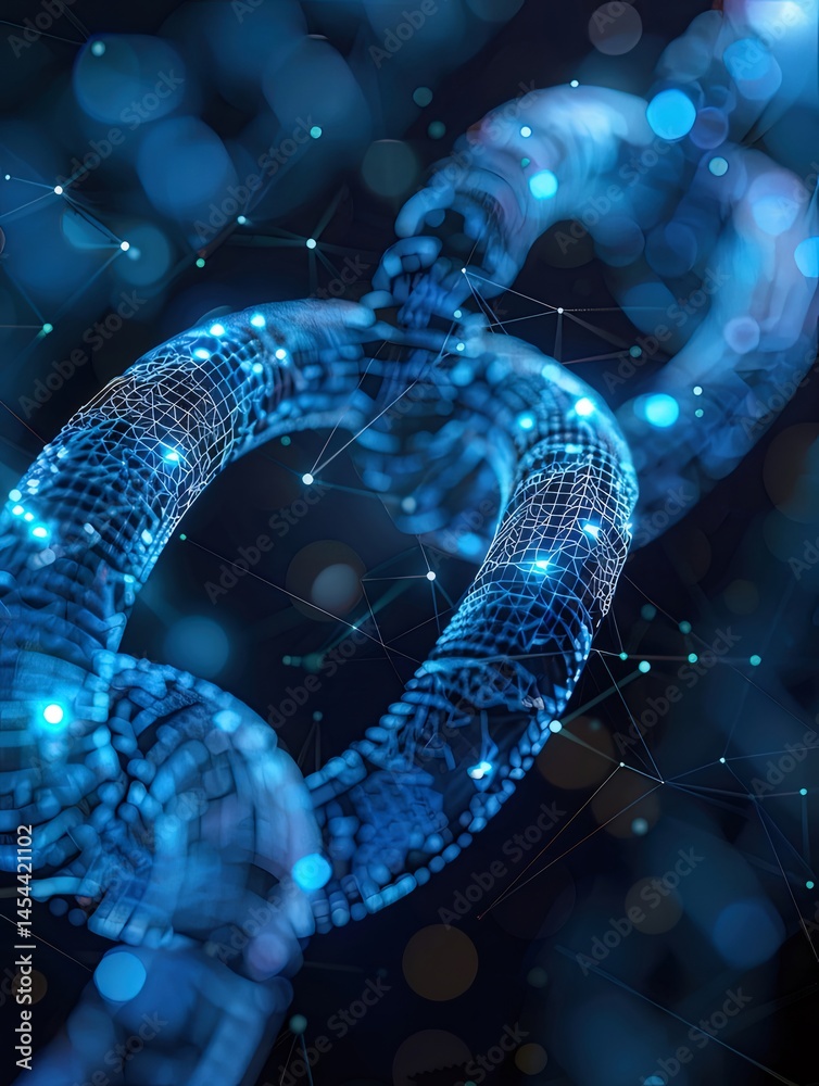 Poster 青い光で輝く抽象的なブロックチェーンの鎖状接続と背景の点灯デジタルデータの概念